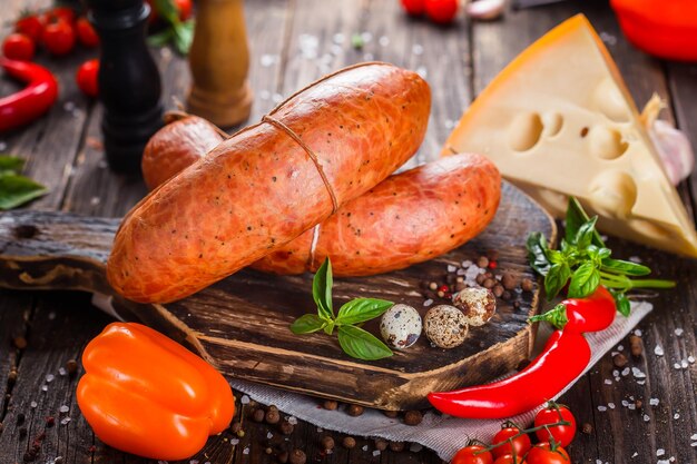 Salchicha gruesa con trozos de tocino, enteros y en trozos, queso y especias, huevos en una tabla para cortar