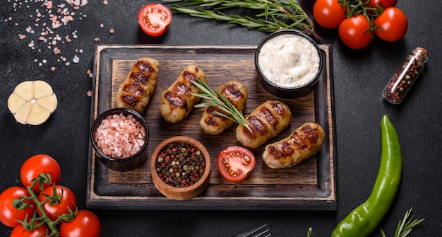 Salchicha a la parrilla con la adición de hierbas y verduras sobre el fondo oscuro