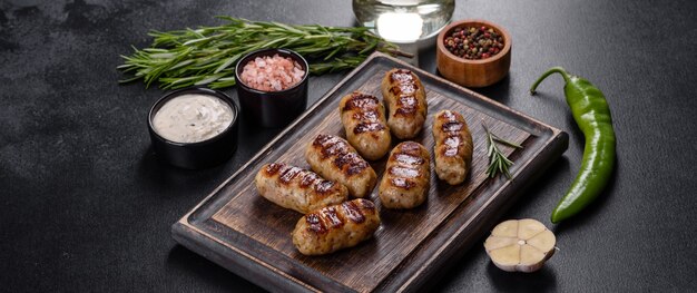 Salchicha a la parrilla con la adición de hierbas y verduras sobre el fondo oscuro