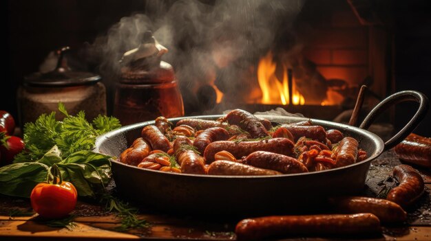 Salchicha a la parrilla en una sartén en la mesa IA generativa