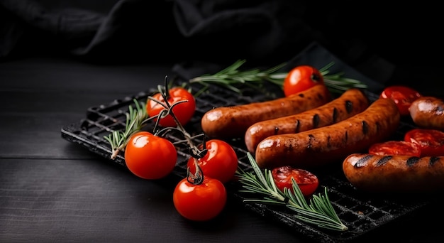 Salchicha a la parrilla con tomates y romero sobre fondo de tablero negro