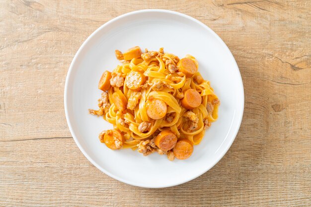 salchicha de pasta de espagueti casera y carne de cerdo picada