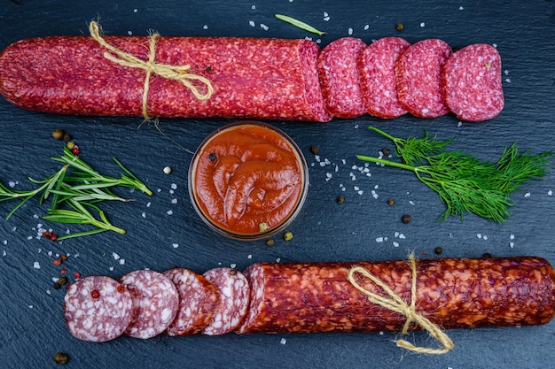 Salchicha de salami ahumado seco en rodajas en un tablero de pizarra Vista superior