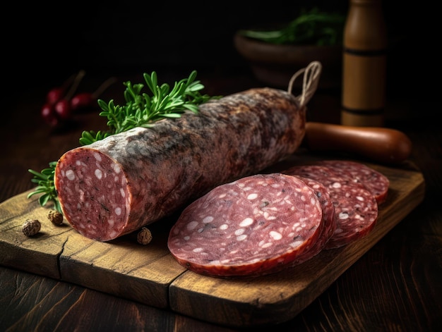 Salchicha de salami delicatessen con fouet de moho blanco creada con tecnología de IA generativa