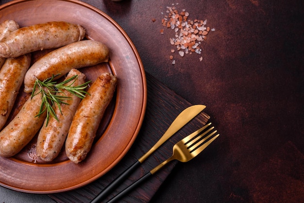 Salchichas asadas a la parrilla con especias y hierbas con sal y pimienta