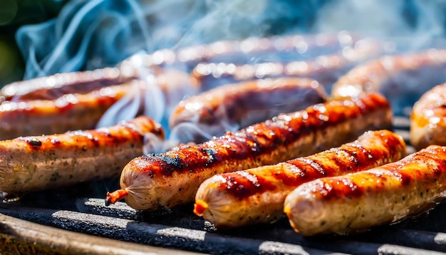 Salchichas en una barbacoa con humo