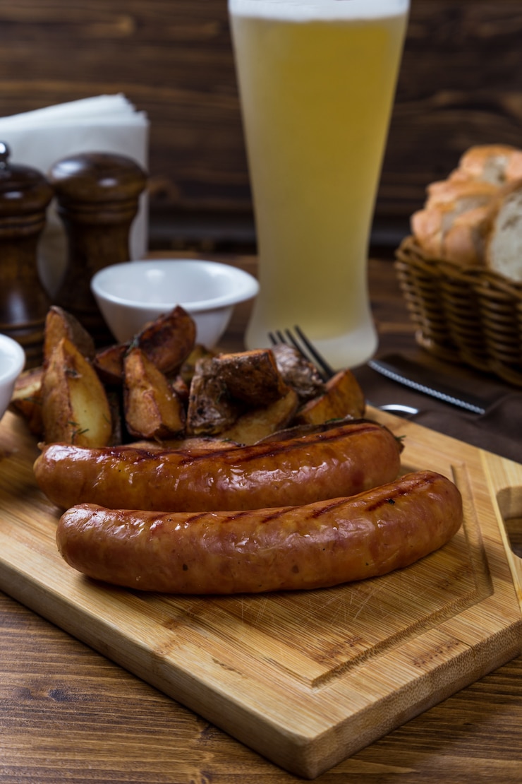 Foto salchichas calientes que sirven en tabla de madera con cerveza