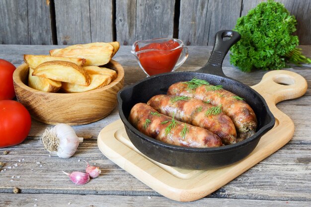 Foto salchichas de carne a la parrilla y patatas en una sartén en la mesa