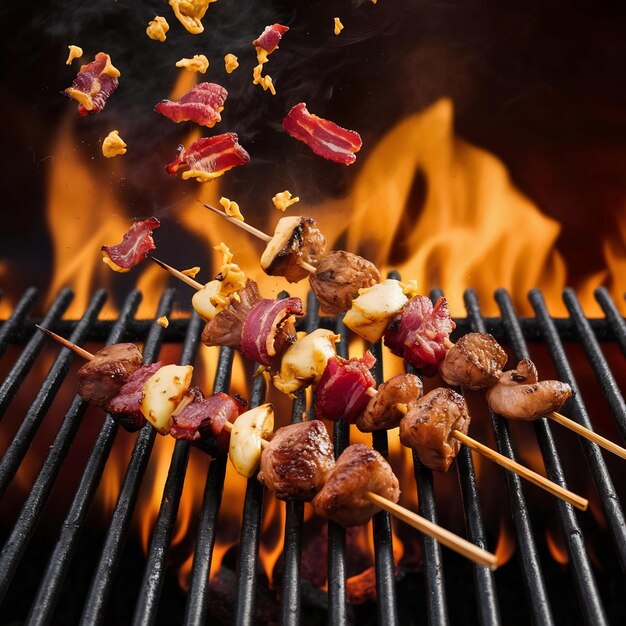 Foto salchichas de carne de pollo con tocino y queso cayendo sobre la parrilla ardiente y las llamas del fuego