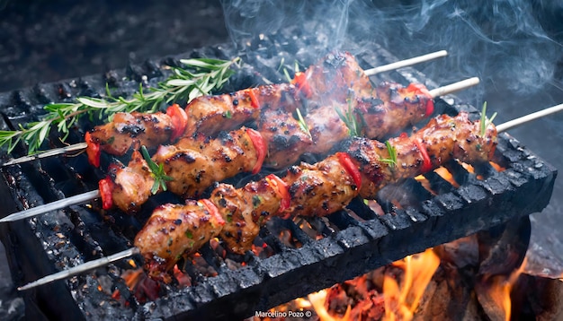 Foto salchichas de carne y verduras en la parrilla con fuego de carbón de una barbacoa