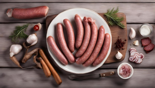 Salchichas de caza en un plato blanco Ingredientes de cocina Carne ahumada