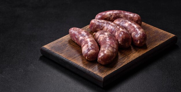 Salchichas de cerdo crudas a la parrilla con especias y hierbas en una mesa de hormigón oscuro