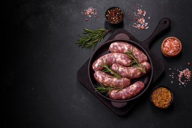 Salchichas de cerdo crudas a la parrilla con especias y hierbas en una mesa de hormigón oscuro