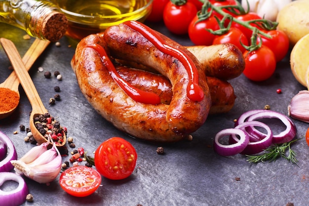 Salchichas de cerdo con especias y verduras.