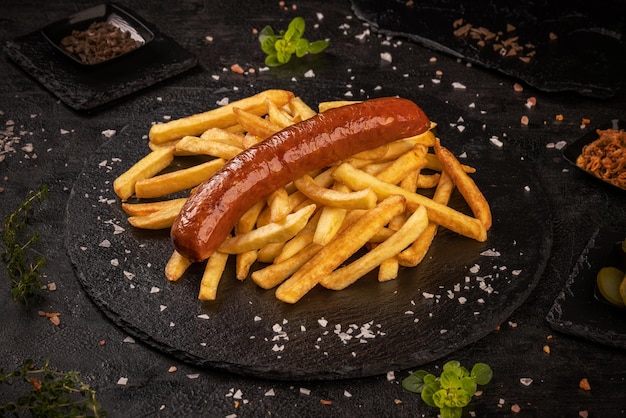 Salchichas de cerdo a la parrilla servidas con papas fritas