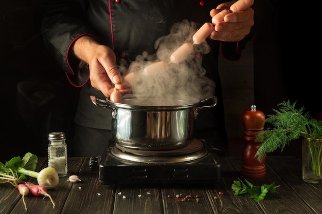 Salchichas cocinadas por el chef en la cocina Delicioso desayuno de la mano del chef