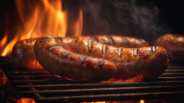 Salchichas cocinando a la parrilla con fuego de fondo