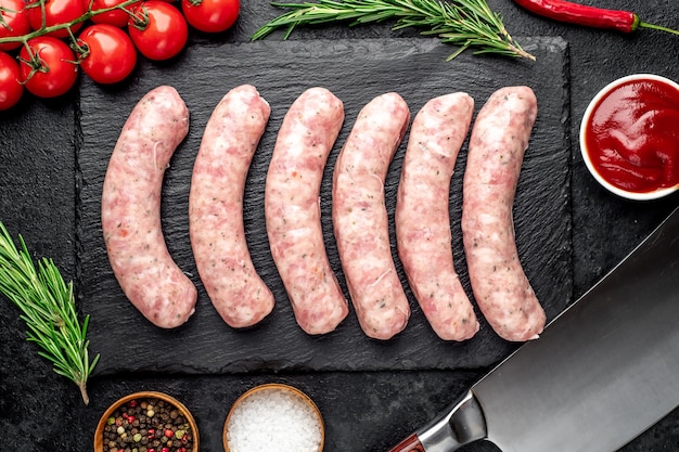 Salchichas crudas para asar en una mesa de piedra