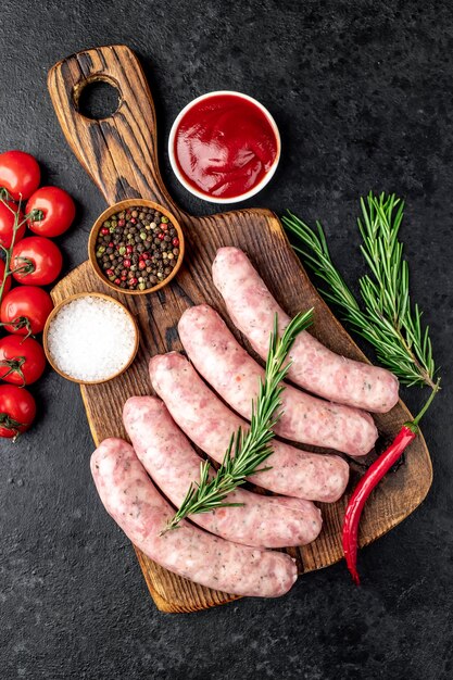 Salchichas crudas para asar en una mesa de piedra