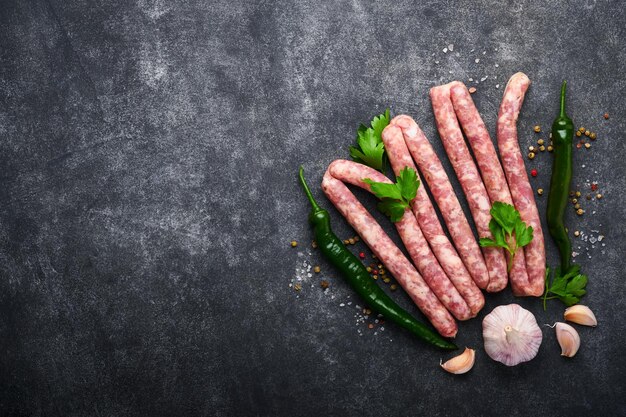 Salchichas crudas Bratwurst o salchichas con ingredientes en una tabla de cortar con especias sobre un fondo de piedra con espacio para copiar Fondo de cocina de alimentos Vista superior