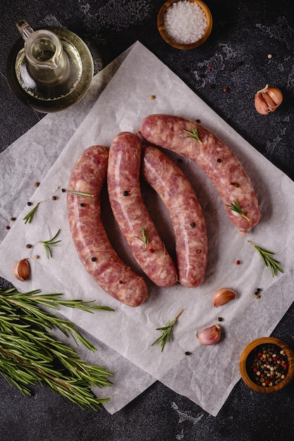 Salchichas crudas e ingredientes para cocinar en una mesa de piedra negra