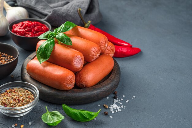 Salchichas crudas e ingredientes sobre un fondo oscuro. Vista lateral, espacio de copia