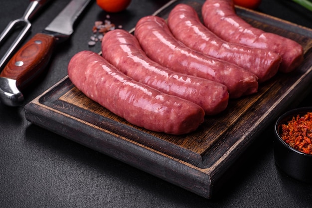 Salchichas crudas con ingredientes en una tabla de cortar sobre un fondo de piedra con espacio para copiar