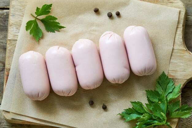 Salchichas crudas con perejil sobre una plancha de madera