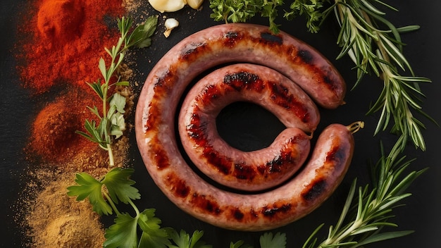 Salchichas e ingredientes para cocinar salchichas a la parrilla con la adición de hierbas y especias