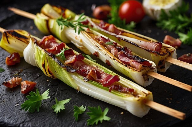 Foto salchichas de endivia a la parrilla y pancetta