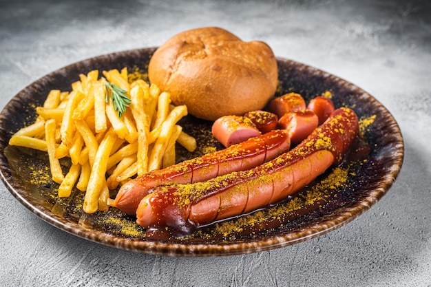 Salchichas ÃƒÂƒÃ‚Â ÃƒÂ'Ã'Â¡urrywurst, trozos de salchicha con salsa curry y patatas fritas. Fondo blanco. Vista superior.