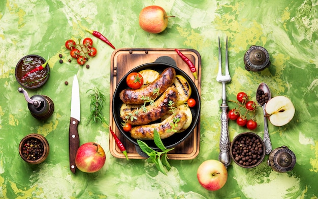 Salchichas fritas con especias y manzana