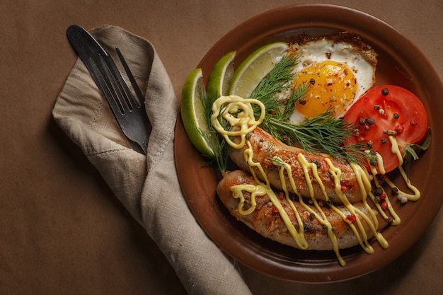 Salchichas fritas con especias, verduras y verduras.