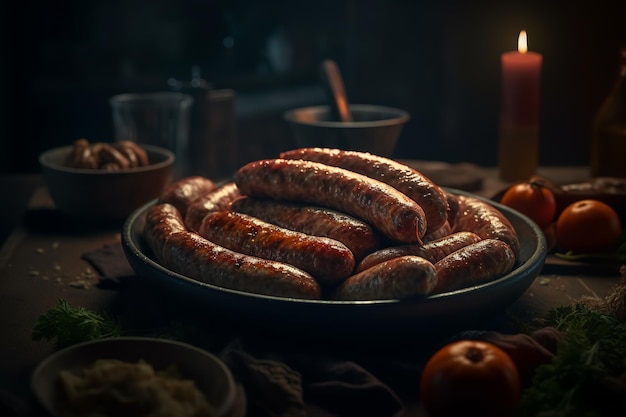 salchichas fritas italianas y verduras en una tabla de madera