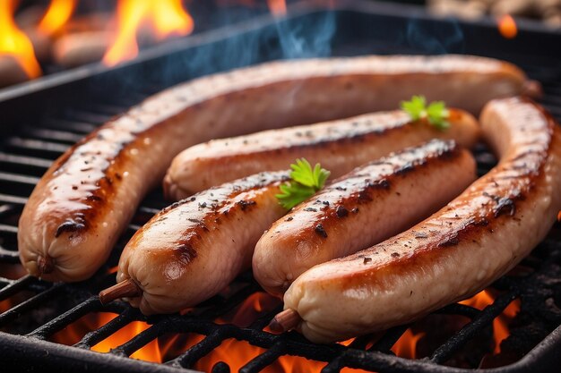 Foto salchichas fritas en la parrilla