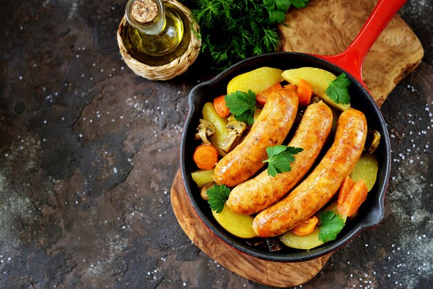 Salchichas fritas con patatas, champiñones y cebollas en una sartén