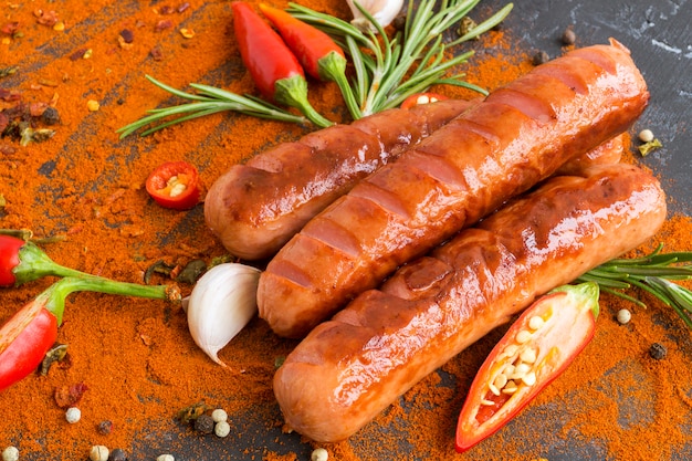 Salchichas fritas con pimiento picante y especias.