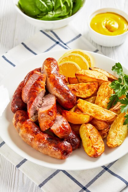 Salchichas fritas en un plato con patatas