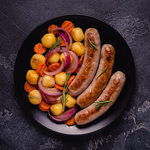 Salchichas fritas con verduras