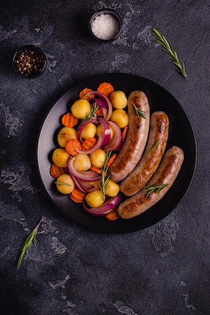 Salchichas fritas con verduras