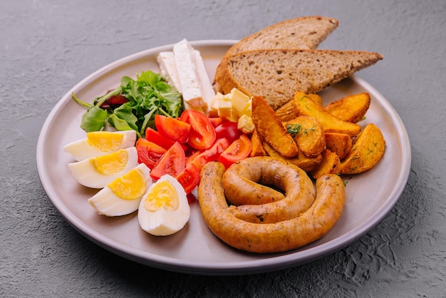 Salchichas con huevos cocidos tomates y patatas con queso