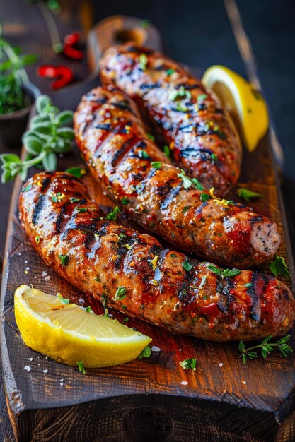 Salchichas jugosas a la parrilla con hierbas frescas y rebanadas de limón en una tabla de madera rústica perfecta para