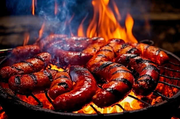 Salchichas jugosas a la parrilla en una parrilla con fuego Profundidad de campo superficial