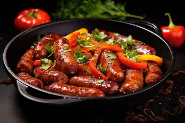 Salchichas de lecho húngaro guisadas con verduras en un plato negro