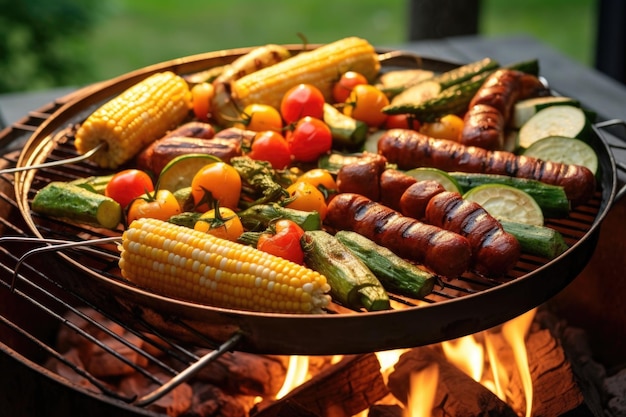 Salchichas de maíz y verduras en una parrilla de verano creada con AI generativa