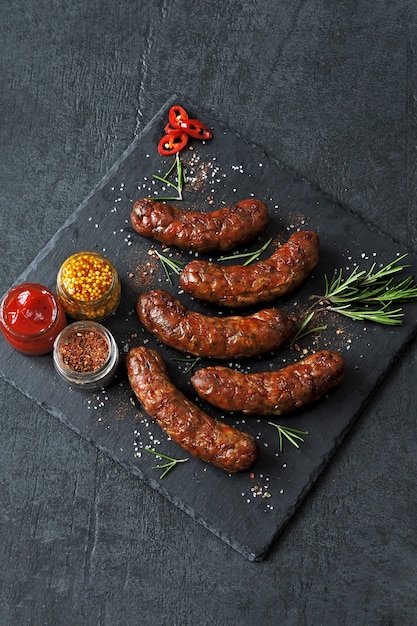 Salchichas de Munich jugosas a la parrilla con especias en un tablero de piedra negro