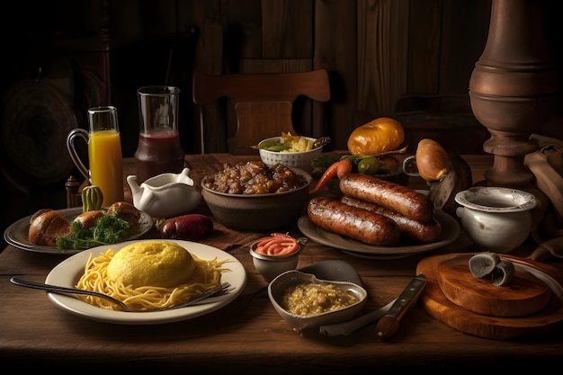 Salchichas y otros alimentos en una mesa de madera en un restaurante