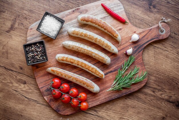 Foto salchichas a la parrilla con especias sobre un fondo rústico