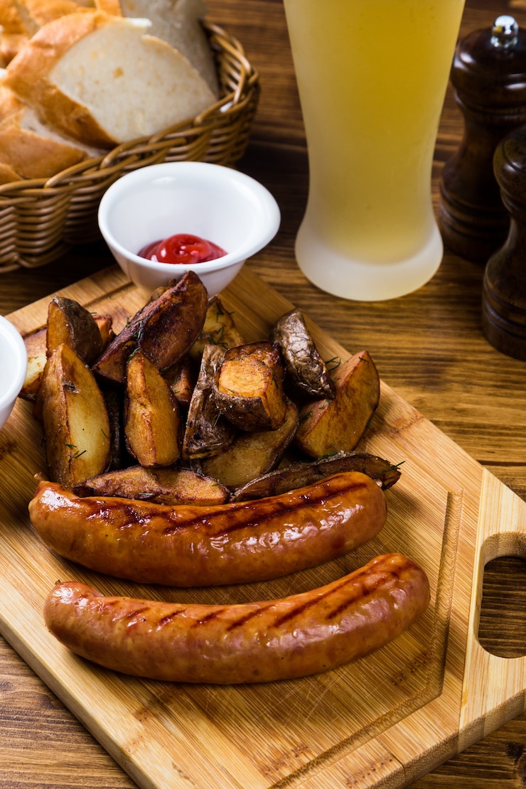 Foto salchichas a la parrilla con papa asada con especias