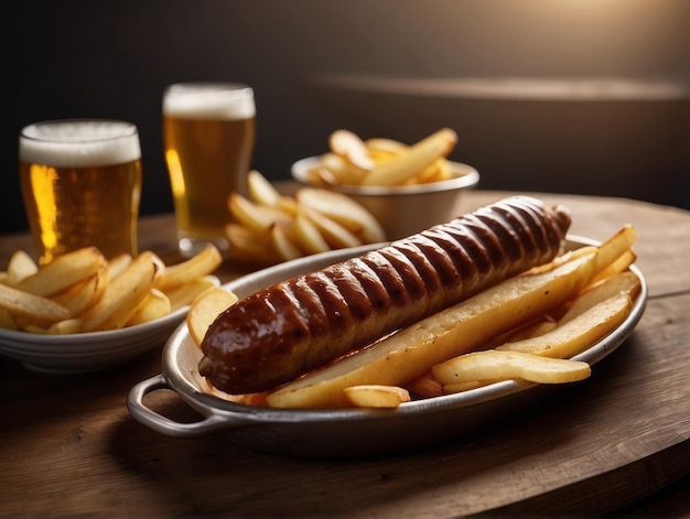 Foto salchichas a la parrilla con papas fritas y cerveza fría.